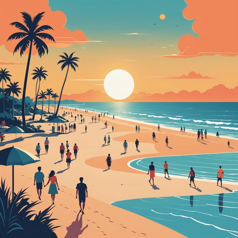 Imagine a song capturing the essence of a sunny day stroll along a picturesque beach promenade. The melody, carried mainly by an appealing guitar arrangement intertwined with samba rhythms, evokes the carefree joy of an idyllic seaside afternoon. Light percussion elements bring a playful and energetic flair, making it a perfect piece for mood lifting moments.