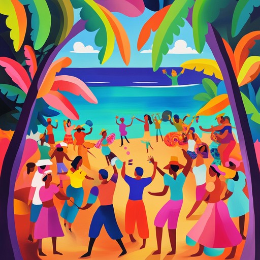 Bright, rhythmic steel guitar echoes create an uplifting tropical dance track, celebrating summer festivals on an island paradise. The music captures the lively, bold atmosphere, transporting listeners to sun soaked beaches with ceaseless dance and cheer.