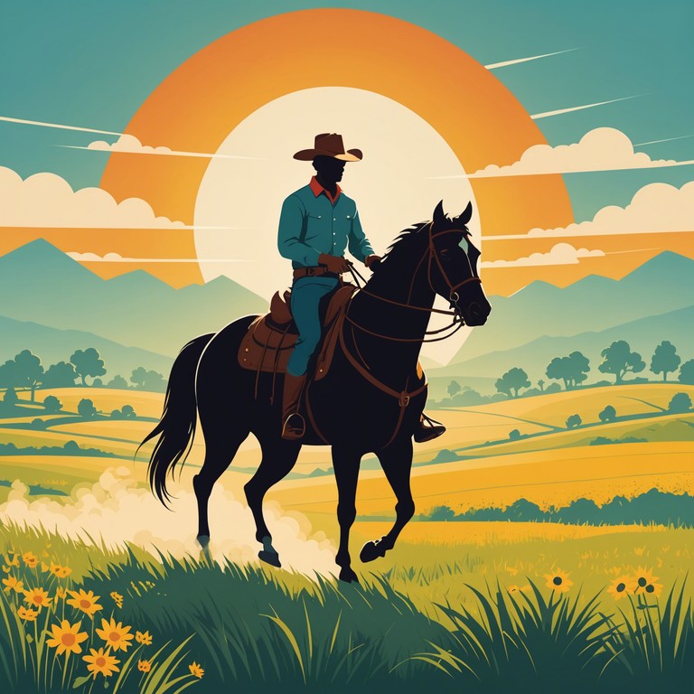 Imagine a breezy, sunlit morning where the spirit of the old west comes alive with every strum. This cheerful tune captures the essence of a perfect day in the saddle, galloping across vast, open landscapes. The banjo leads, setting a light hearted, upbeat tempo that resonates with the joys of freedom and adventure in the wild west. It’s a song that invites you to kick off your boots and embrace the cowboy way of life, all while the sun shines high above the dusty trails.