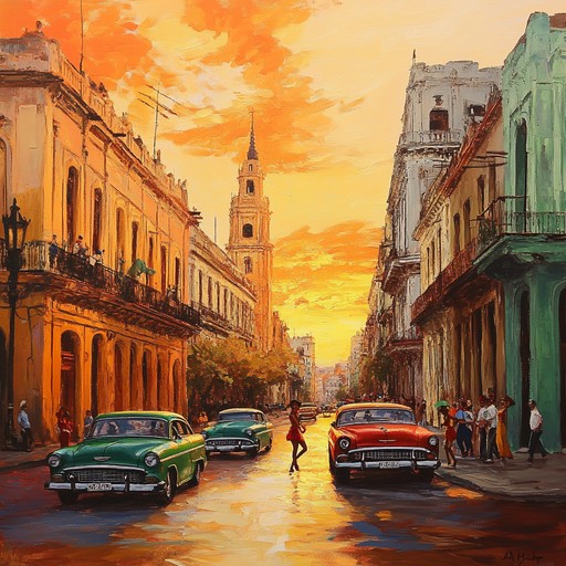 Imagine a vivid scene in havana where the sun sets spectacularly on the horizon, casting a golden glow over old cobblestone streets. The air is alive with the sounds of salsa music, inviting everyone to dance freely under the cooling evening sky. The song captures both the warmth of the cuban spirit and the intimacy of a dance shared among friends and strangers alike.