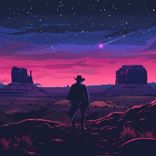 A haunting instrumental that combines the soulful twang of classic country with futuristic, synthesized sounds, creating an otherworldly atmosphere. The main melody, carried by an acoustic guitar, is accentuated with electronic beats and spacey soundscapes, perfect for evoking an ethereal, modern day western feel.