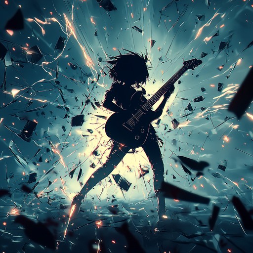 An instrumental piece blending heavy guitar riffs with synth elements to depict an anime character's uprising against a dystopian regime in a futuristic city.