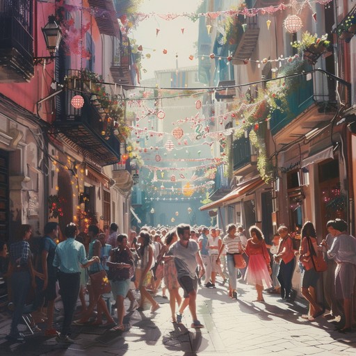 Imagine a bustling street filled with joyful people, all moving to the vibrant rhythms of life. The music captures the essence of a sun drenched afternoon where everyone is out and about, blending the sounds of different instruments to create a truly lively atmosphere.