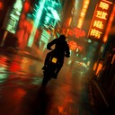 a thrilling cyberpunk chase through neon soaked cityscape