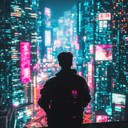 uplifting synthwave journey through a neon lit cyberpunk metropolis