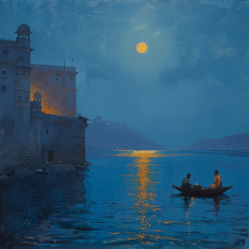 Envision a tranquil night by the ganges, where the moonlight casts a silvery glow on the water's surface, and the gentle sound of the river mixes with soft, intricate melodies, creating a deeply soothing and reflective atmosphere.