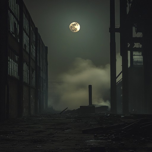 Dark and brooding industrial rock with eerie undertones, evokes an abandoned factory at midnight filled with echoes, shadows, and metal clanging