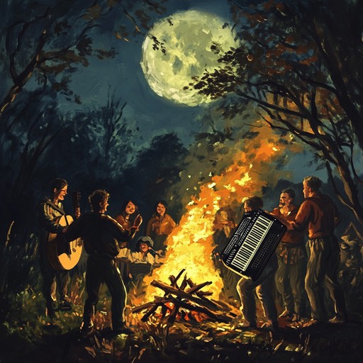 An upbeat instrumental piece blending spirited accordion tunes with traditional celtic rhythms, embodying the exhilaration of harvest time celebrations under a starlit sky. The music invites listeners to join in the dance and share in the communal joy.