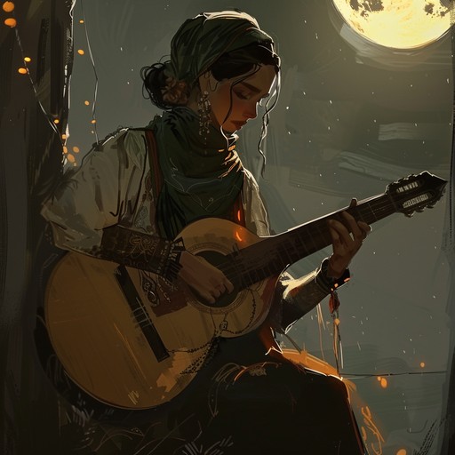 Imagine a caravan traversing a moonlit landscape, echoing with the strums of a solitary guitar, embellished with subtle clinks of tambourines, initiating a whimsical dance around the campfire. Rich melodies blend with spirited rhythms, portraying the nomadic life's allure and mystery.