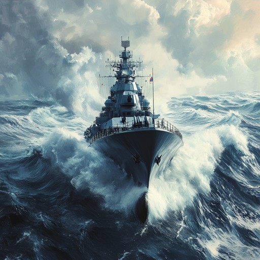 An intensely gripping instrumental capturing the tension of a naval battle in the russian navy, featuring powerful orchestral movements, rhythmic percussion, and dramatic builds. The song takes you through the throes of war with a focus on tension, resilience, and the steely determination of sailors facing formidable adversaries at sea.