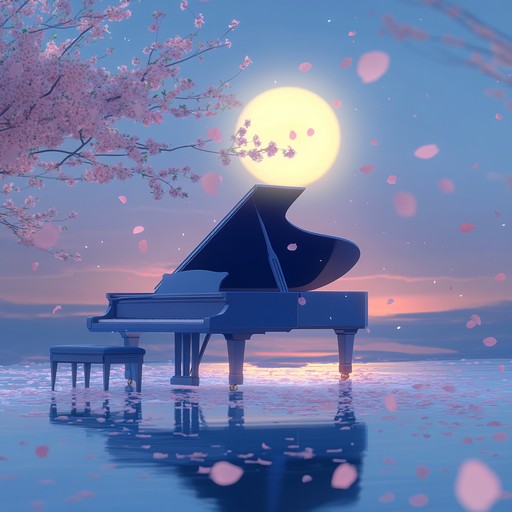 Create a tranquil journey through a serene anime landscape under a moonlit sky with gentle piano melodies, capturing the beauty of cherry blossoms in full bloom, invoking peaceful, nostalgic and whimsical vibes.