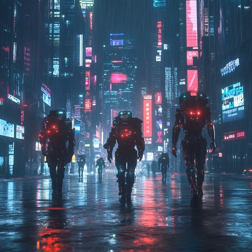 Explore a dystopian neon lit cityscape with electrifying synths and relentless beats, creating an intense and eerie futuristic atmosphere.