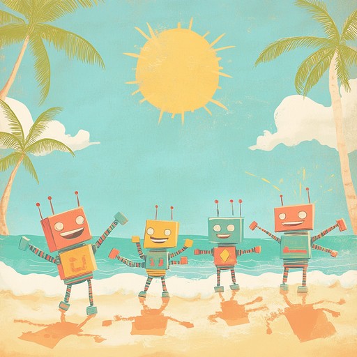 A whimsical instrumental track featuring bright synthesizers and upbeat rhythms, evoking images of robots enjoying a lively beach party under the sun. The playful melodies intertwine with catchy hooks, creating a fun and energetic atmosphere that captures the joy and novelty of robots experiencing human leisure.