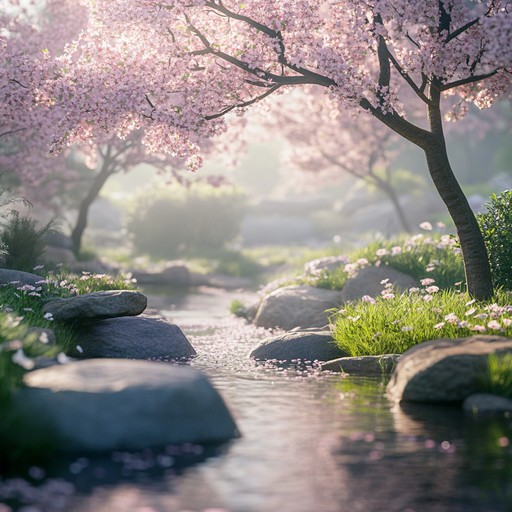 Delicate melodies and gentle rhythms create a peaceful atmosphere reminiscent of a serene garden stroll, capturing the grace and simplicity of nature in a soothing, melodic composition