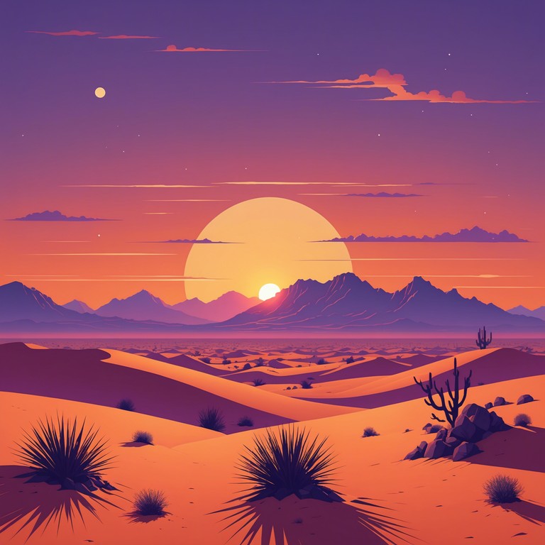 A nostalgic acoustic guitar piece evoking the expansive and serene atmosphere of a twilight desert. The music begins with soft, lingering notes that capture the vastness and solitude of the landscape, building into a soulful melody that speaks to the heart of the western spirit