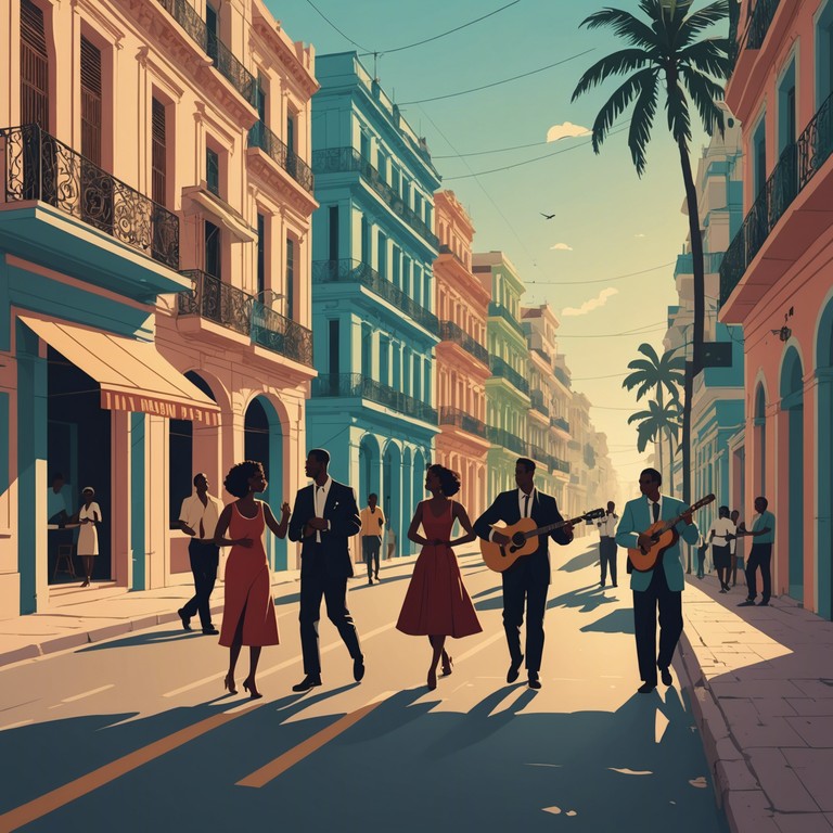 Imagine a beautiful sunny day on a bustling city street where every step syncs with a beat of latin jazz, infused with heartfelt, melodious tunes that tell stories of love, life, and laughter. Acoustic guitars strumming passionately alongside subtle percussion set the scene for dance and closeness, evoking warmth and joy.