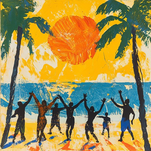 A jubilant and lively reggae track, featuring a pulsing guitar riff and dynamic brass elements, capturing the essence of a joyful caribbean summer, perfect for lifting spirits and energizing any setting