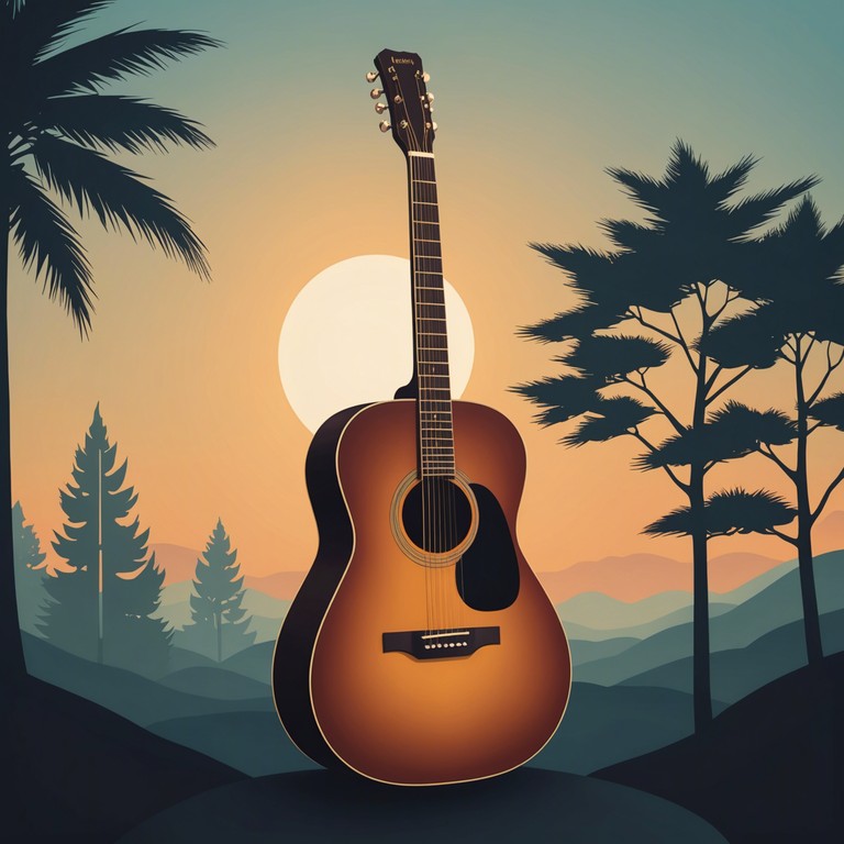 As the sun dips below the horizon, a soft guitar tune rises amidst the serene beauty of an untouched landscape, offering a musical embrace that calms the soul and celebrates the quietude of nature's moments.