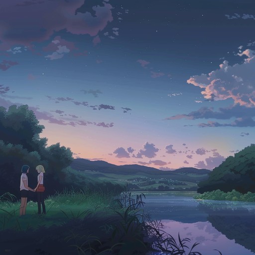 An enchanting anime soundtrack piece inspired by serene sunsets, creating heartwarming atmospheres with a tender piano melody and supporting serene instruments, ideal for depicting reflective moments of character bonding.