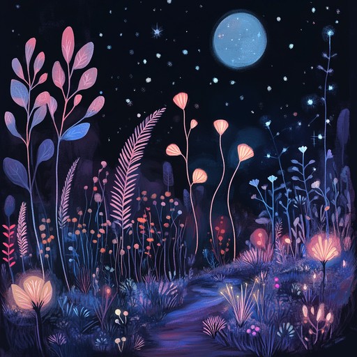 An enchanting, ethereal jingle capturing the essence of a magical celestial garden, where delicate harp sounds dance amidst shimmering stardust and serene moonlit nights.