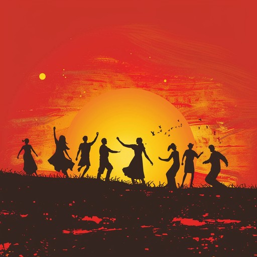 An upbeat instrumental piece blending traditional folk elements with modern rock, evoking a lively festival atmosphere. The acoustic guitar leads, accompanied by energetic drum beats and a driving bassline. Perfect for capturing the essence of a lively summer folk festival at sunset.