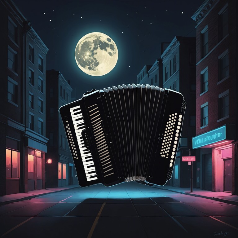 Picture a high tech cabaret club where digital lights blend with vintage decor, creating a captivating backdrop for this alluring accordion driven melody that combines classic cabaret vibes with futuristic electronic influences.