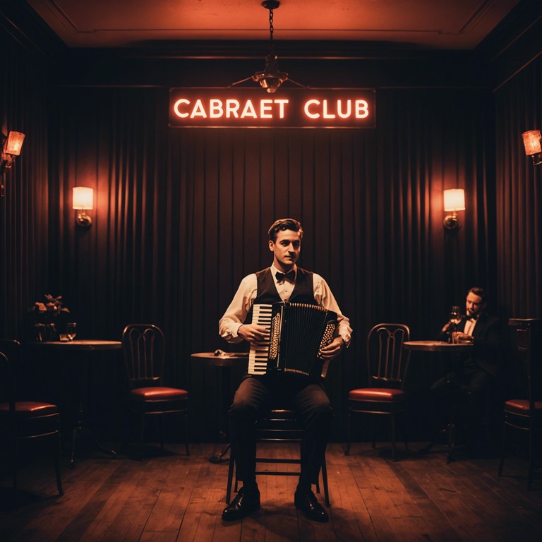 Imagine a dimly lit, smoke filled cabaret club where a passionate song captures the essence of secrecy and intimacy. The melody carries a sense of yearning and forbidden love, swaying the audience with each note played on the accordion, echoing the depth of whispered secrets against the backdrop of a nostalgic setting.