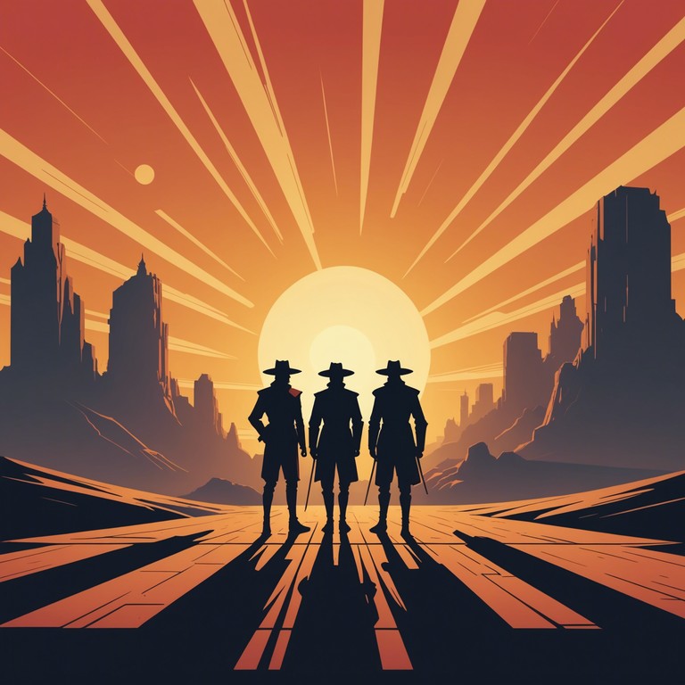 This track utilises the distinct twangs of electric guitars mixed with heavy percussion to evoke the intensity of a climactic wild west duel at sunset. It's fast paced, menacing, and ready to be the background of an action packed sequence.