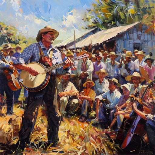 Lively banjo rhythms transport listeners to an appalachian festival, filled with energy and joy, evoking traditional mountain celebrations with festive sounds.