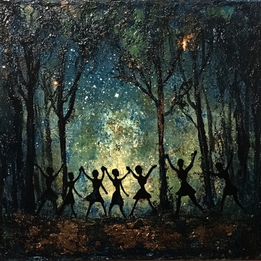 A celestial dark folk composition set within an enchanted grove at midnight, celebrating the magical dances and ancient rituals of forest spirits under the starlit sky. Ethereal harmonies interweave with traditional folk sounds, crafting a scene where the grove itself pulsates with an enigmatic energy and timeless charm.