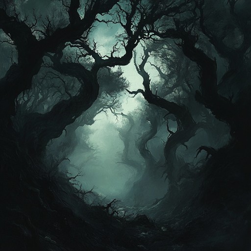 Evoke the eerie atmosphere of a dense, ancient forest inhabited by whispering spirits. The song blends haunting melodies with dark, folk instrumentation, creating a sense of ominous mystery and unseen presence.