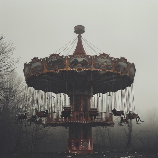 As you approach the decrepit carousel, the air grows cold and heavy with an unshakable sense of dread. The once vibrant paint is now faded and peeling, revealing the rotting wood beneath. Suddenly, the ride creaks to life, its rusty mechanisms grinding and groaning as the haunting melody begins to play. The distorted, off-key notes of a pipe organ mix with the ghostly whispers and distant screams of lost souls trapped within the carousel's twisted machinery. The tempo fluctuates erratically, mirroring the unpredictable nature of the malevolent forces at work. As the music builds to a discordant crescendo, you can almost feel the icy grip of the spectral figures reaching out from the shadows, beckoning you to join them in their eternal dance of despair.