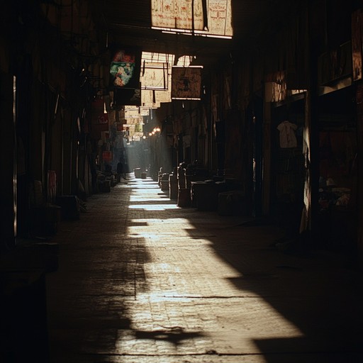 Dive into the heart of an ancient middle eastern market at dusk, where the enigmatic shadows hide countless secrets. Faint whispers of the past and the rustling of traders' wares weave through narrow alleyways, creating a gripping sense of suspense. Melodic echoes of traditional middle eastern instruments build an atmosphere thick with intrigue and anticipation.