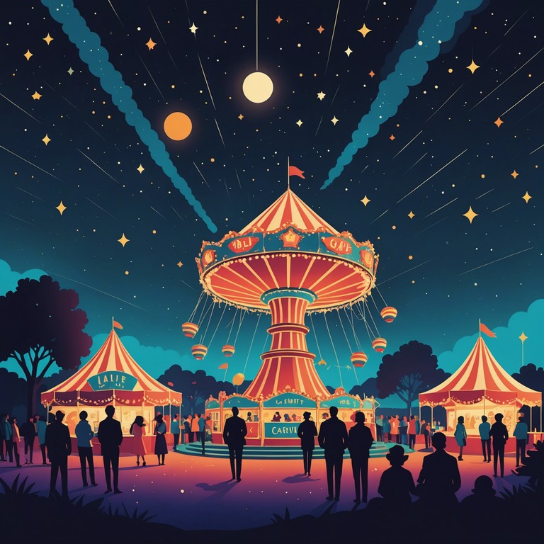 This track features whimsical synthesizer melodies that evoke a night of playful mystery and lightness under a starlit sky. The melody winds and turns, creating an audio landscape of magical wonder, reminiscent of a midnight carnival or a dream sequence. Light, sporadic percussive elements give a sense of motion and twinkle, like stars flickering in the dark.