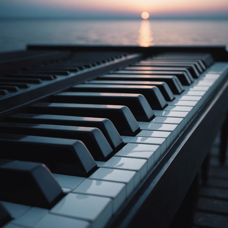 Picturing a lone individual sitting at a grand piano, playing under a solitary street lamp with a gentle moon casting shadows, this alternative description emphasizes the solitary aspect of the music piece, enhancing the emotional depth and intimacy of the performance.