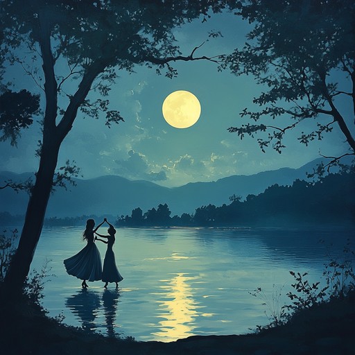 This evocative piece captures the essence of a serene night by a lakeside, where the gentle hum of nature intertwines with a soft, romantic waltz. The music paints a picture of moonlight reflecting off the water, accompanied by a light breeze and distant nocturnal sounds, creating a perfect backdrop for a dance of love and tranquility