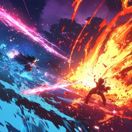 Experience the heart pounding thrill of an epic anime action soundtrack. This high octane instrumental composition combines powerful guitar riffs, intense drum beats, and dramatic orchestration to create a soundscape that heightens the drama and intensity of action packed anime sequences.