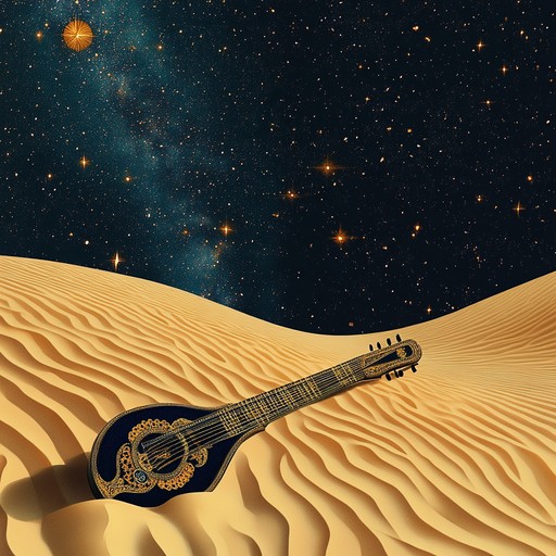 This alternative description still captures the essence of a peaceful, textural soundscape commanded by the sitar, emphasizing the convergence of world music elements under a starry desert sky.