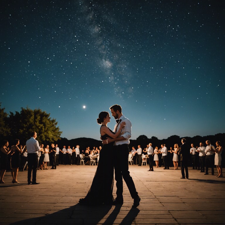 Imagine dancers twirling energetically under a starry night sky, their movements highlighted by the vibrant and modern twists of nuevo tango, creating a vivid and unforgettable scene of joy and sophistication.