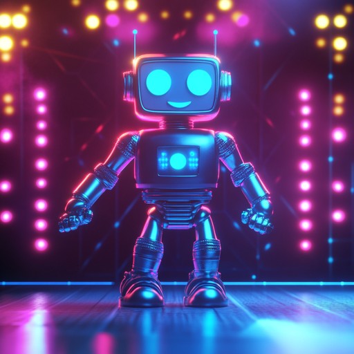 An upbeat instrumental track combining classic funk rhythms with electronic bleeps and mechanical noises, creating a playful atmosphere reminiscent of dancing robots