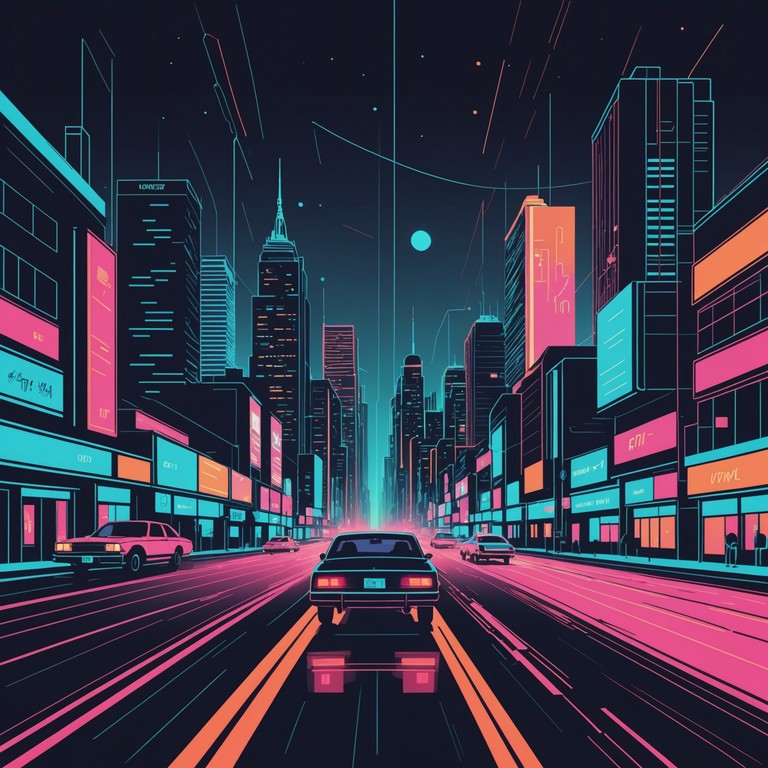 Imagine a high octane, adrenaline pumping scene set in a retro futuristic cityscape where a high speed chase unfolds under the glow of neon lights. The music captures the essence of a thrilling pursuit with pulsating rhythms and a moody melodic line, evoking a sense of urgency and excitement
