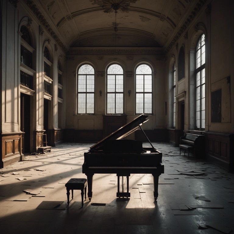 Imagine the sound of a lonely piano playing in an abandoned victorian era hall with wisps of past conversations floating in the background, enveloping the listener in a blanket of eerie solitude.