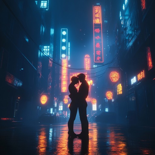 An instrumental synthwave track that captures the intimate moments shared between two lovers beneath the glowing neon lights of the city. The warm synthesizer tones blend with gentle melodies to create a nostalgic and romantic atmosphere, evoking feelings of closeness and connection in a futuristic urban setting.