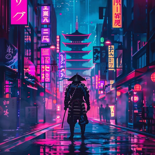 Energetic and electrifying j pop track featuring high tempo beats, neon synths, and dynamic changes to evoke the thrill of a futuristic samurai battle. Perfect for an adrenaline pumping experience