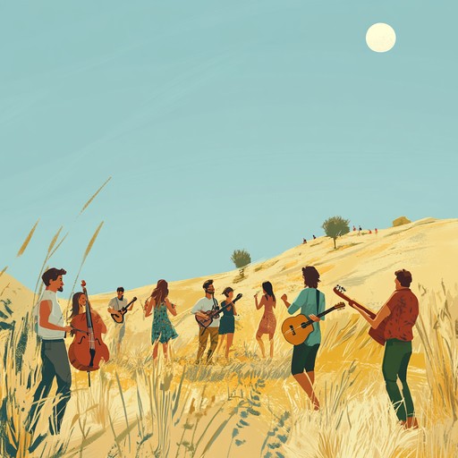 A jubilant instrumental composition filled with lively acoustic guitar strums, rhythmic beats, and cheerful melodies that transport listeners to a sunlit meadow dance. Perfect for creating an uplifting and spirited atmosphere.