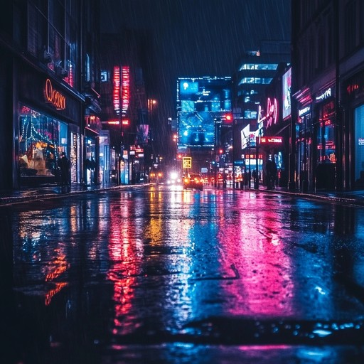 In a soundscape where technology meets the ghostly and the unknown, a series of hauntingly ethereal synth pads resonate softly, echoing through a scene reminiscent of a neon lit city under a perpetual drizzle. The measured blurring of pulsating electronic harmonies creates a mysterious auditory journey through an urban dreamscape.