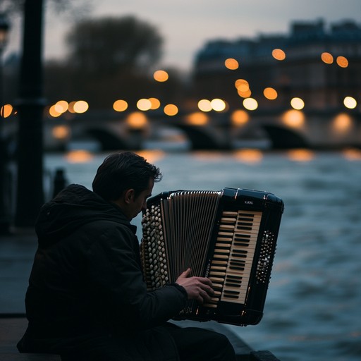 A soothing melody that immerses the listener in the gentle embrace of paris as evening falls, utilizing the accordion's mellow tones to illustrate the city's iconic romance and nocturnal charm.