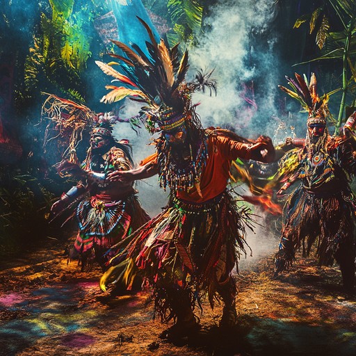 Experience the primal energy of a tribal ritual dance, where dynamic drum patterns and ancient chants ignite an ecstatic celebration in the heart of a vibrant jungle.