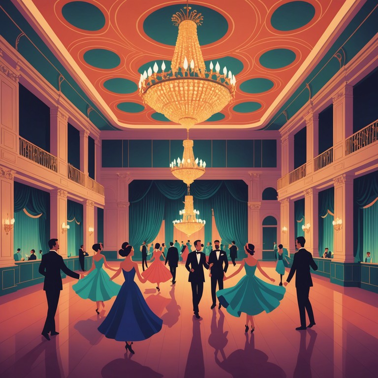 Imagine a grand ballroom where classical waltz rhythms fuse with funky bass lines and upbeat tempos, creating a unique auditory experience that transports listeners to a whimsical, rhythmic dance floor under twilight skies.