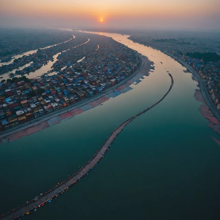 Immerse yourself in a sonic journey along the ganges during a sacred dusk, surrounded by the ethereal music of a solo sitar that deeply reflects the spirituality and mystery of ancient traditions.